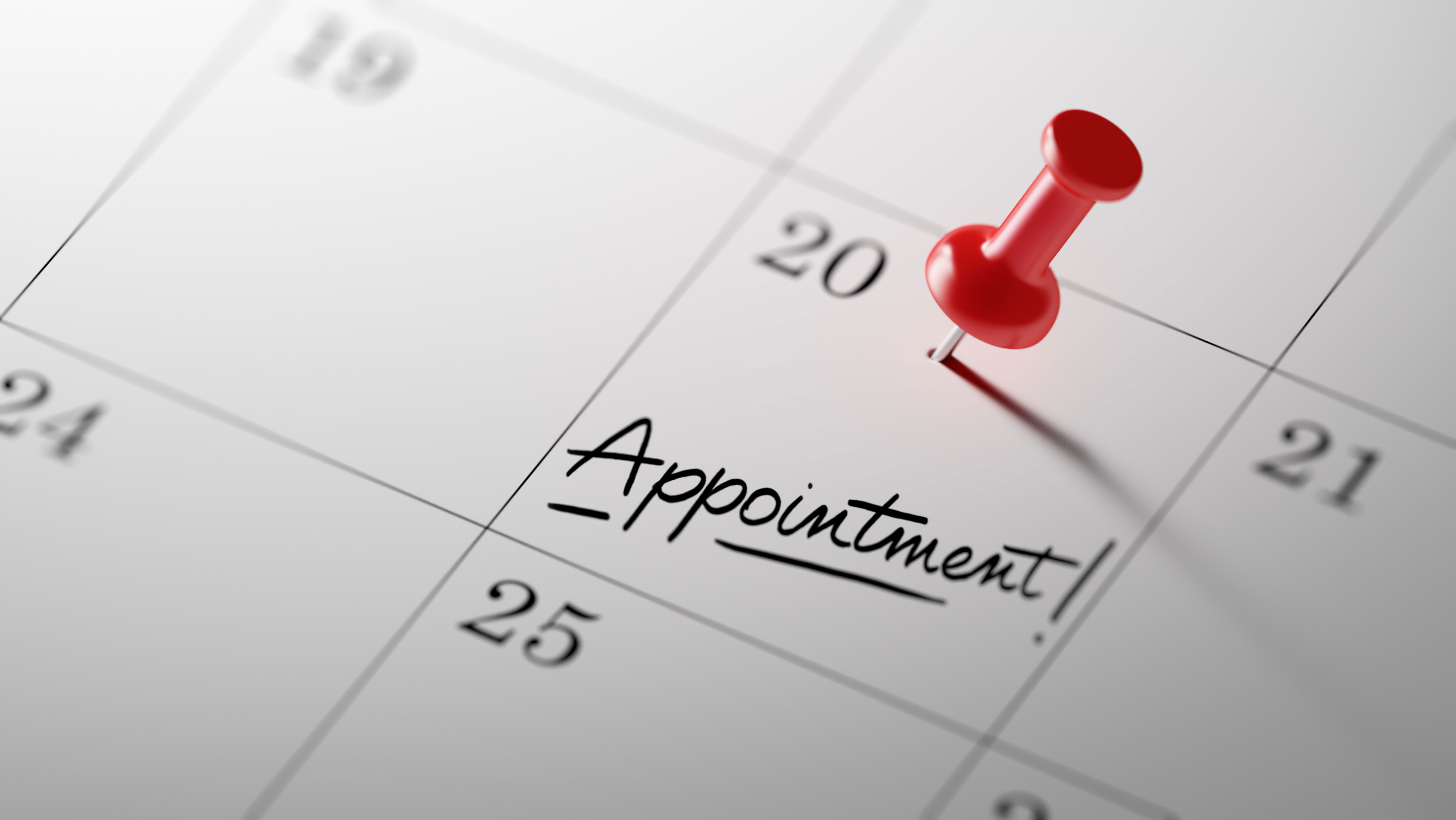 The image features a calendar with an appointment marked on it, accompanied by a red push pin labeled 'APPOINTMENT.