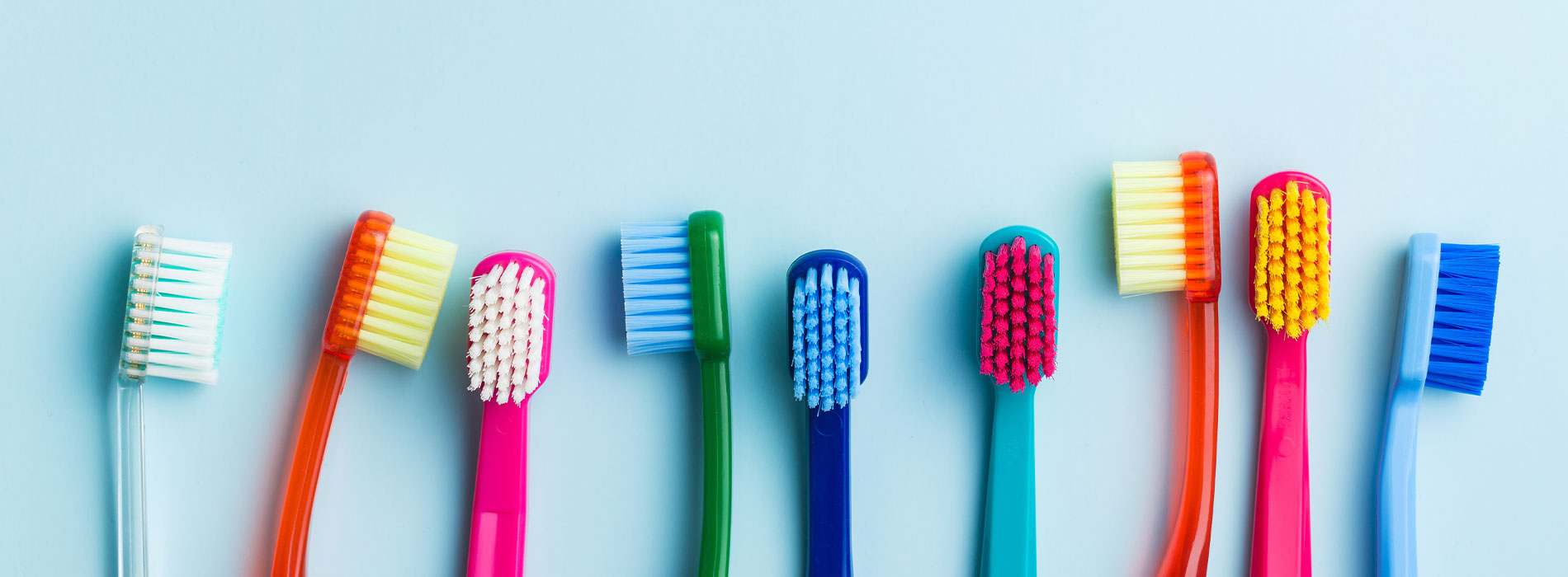 The image shows a collection of colorful toothbrushes arranged side by side against a light blue background.