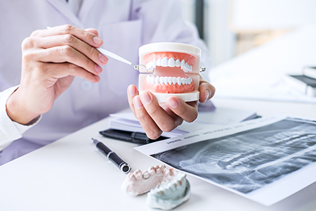 The image shows a dentist holding a cup with dental implants and examining a model jaw with teeth, surrounded by various dental tools and equipment on a white background.